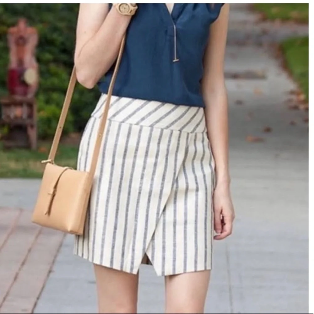 J Crew Linen Striped Crossover Cream Blue Skirt